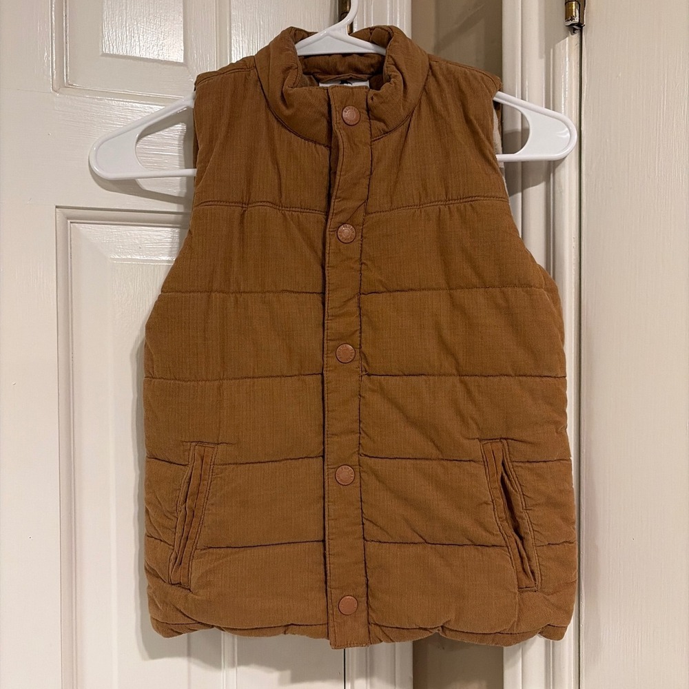 Tommy Bahama Boys Puffer Vest Brown Corduroy Size M 7/8 Plaid Flannel Lined